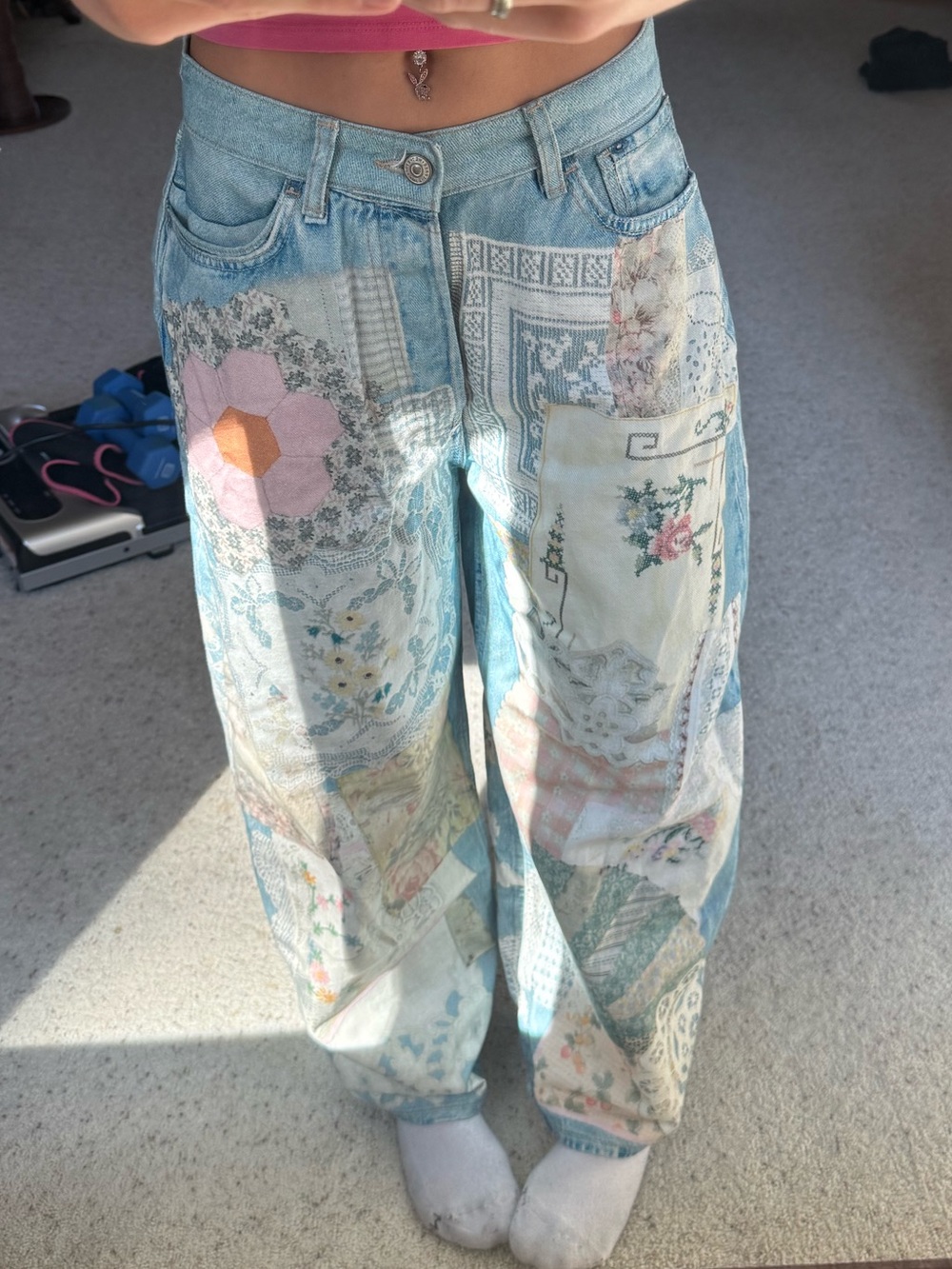 We The Free Patchwork Light Blue Wide Leg Jeans